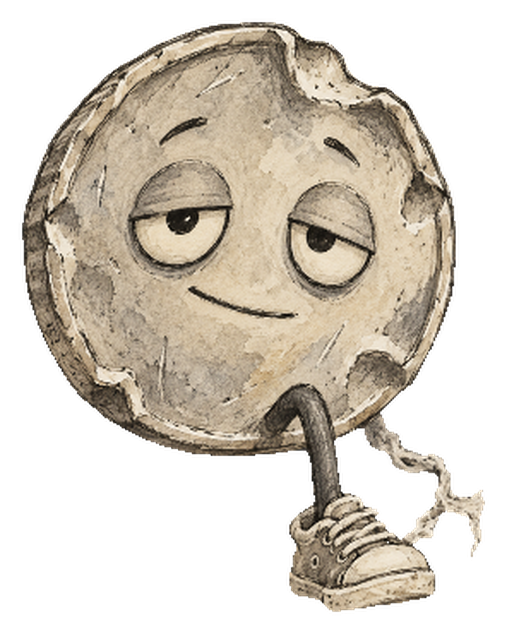 Loose Change, a battered coin with sleepy eyes, one bent leg and a single sneaker
