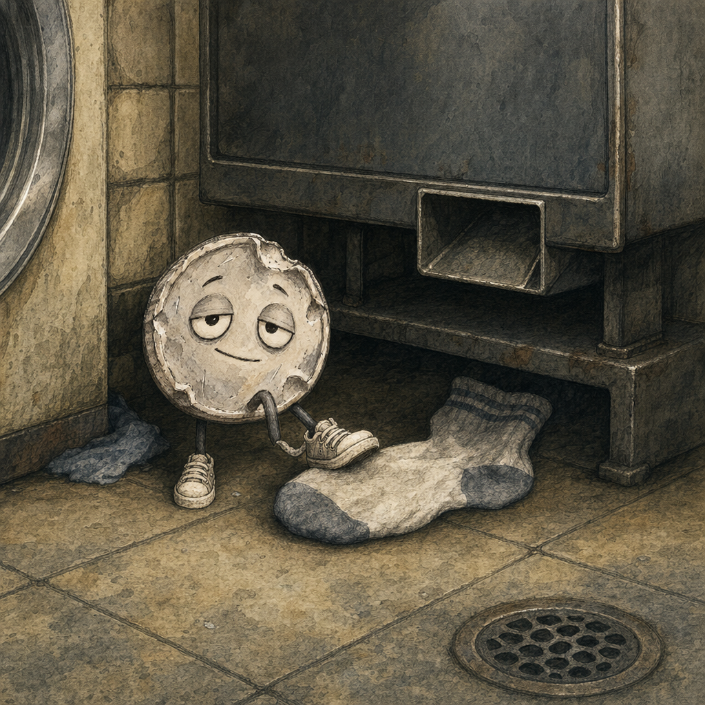 Loose Change resting on a laundromat floor beside a lost sock and a vending machine
